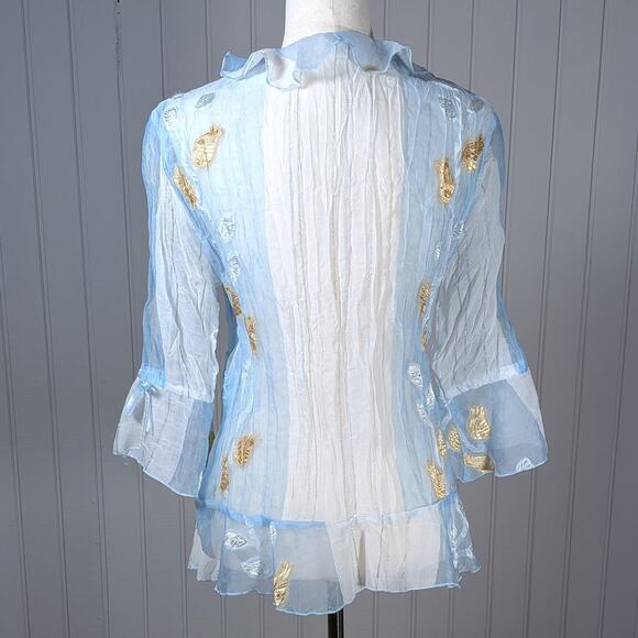 Jaipur Blue Sheer Sequin Ruffle Long Sleeve Crinkle Button Top Fairy Ribbons Med - Picture 4 of 7